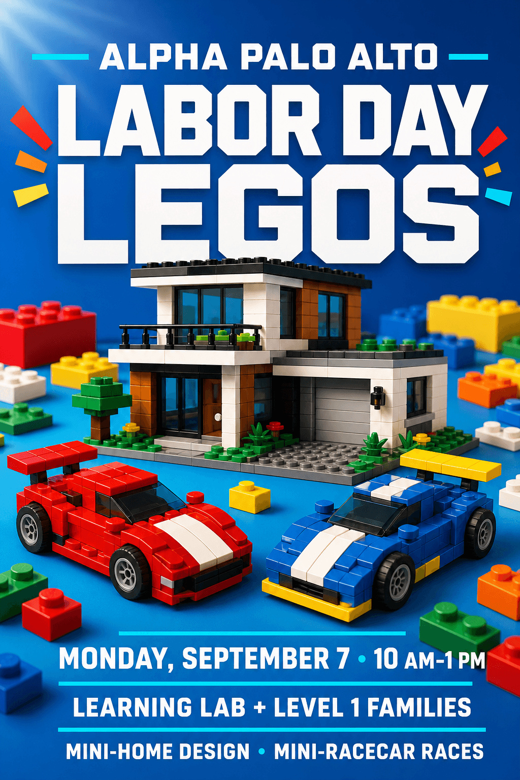 Labor Day Legos! poster featuring a brick-built home and racecars